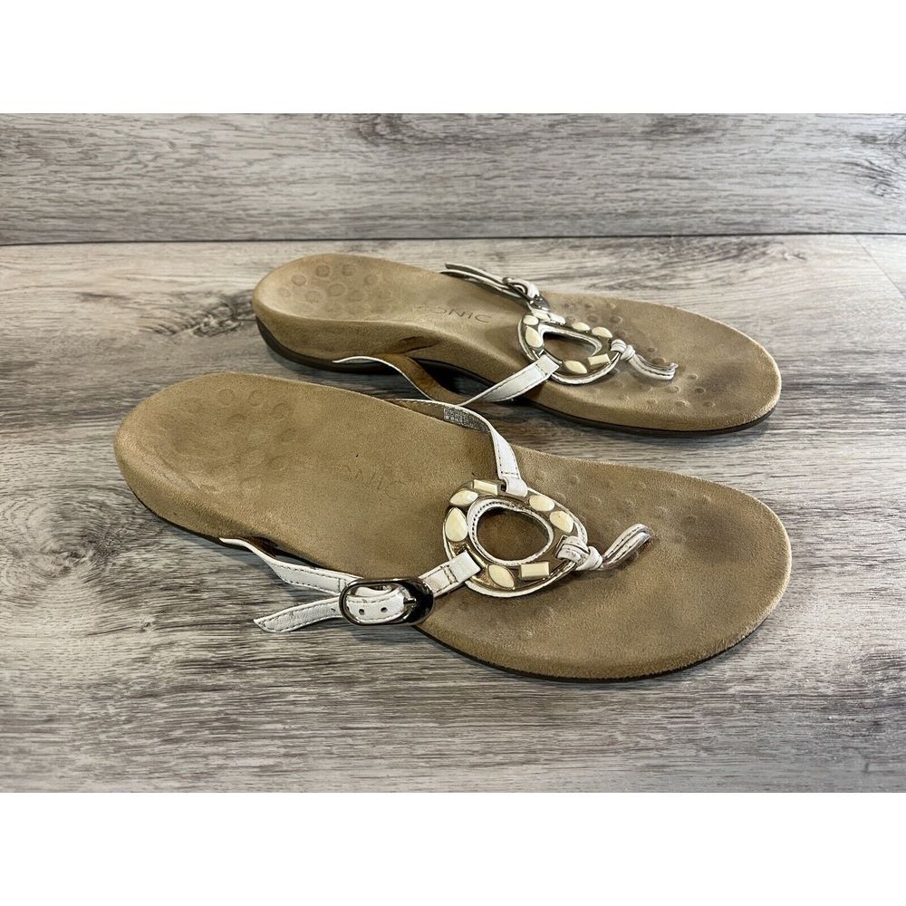 Vionic Ricci Thong Sandals Women 9 White Ring Jeweled Leather Flip Flop Shoes